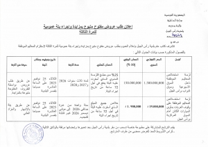 اعلان طلب عروض مفتوح متبوع بمزايدة واجراء بتة عمومية للمرة الثالثة