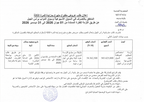 اعلان طلب عروض مفتوح المتعلق بالتصرف في السوق الاسبوعية وسوق الدواب برأس الجبل